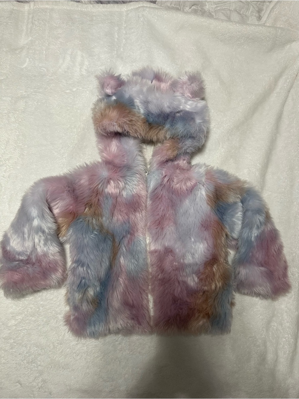 Multicolor Faux Fur Hooded Jacket - Pastel Rainbow Kids